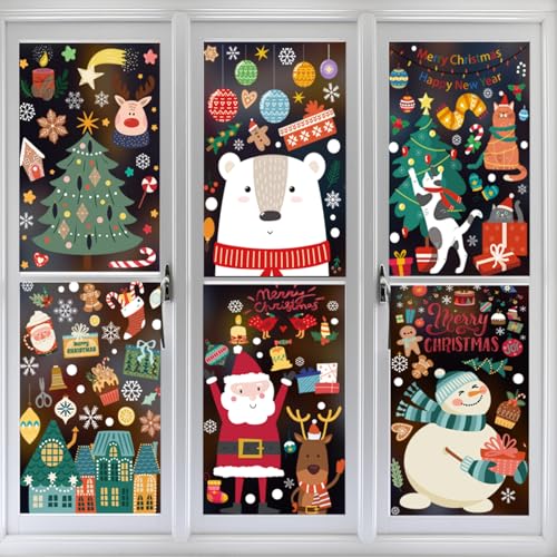 Image of Christmas Window Clings for Glass Windows, Stickers for Window Decorations | 8 Sheets Window Decals for Home, Classroom, Kids Party Indoor, Glass Doors, Xmas Winter Holiday Decor with Santa & Snowflakes