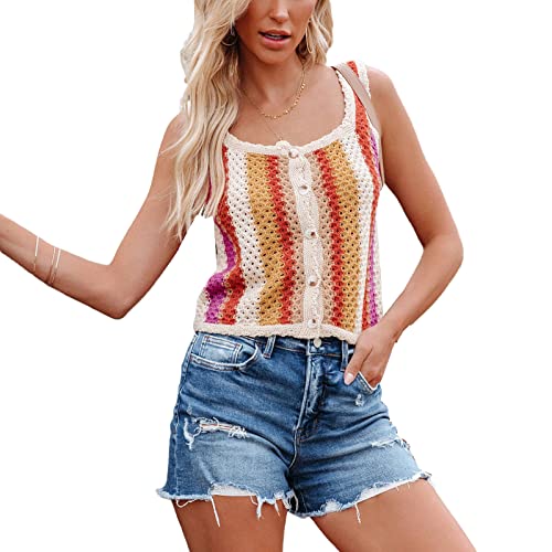Camiseta de Punto sin Mangas para Mujer Camiseta de Tirantes de Ganchillo sin Mangas para Verano Elegante Camiseta de Tirantes con Bloques de Color Camiseta de Tirantes de Playa a Rayas Casual Tops