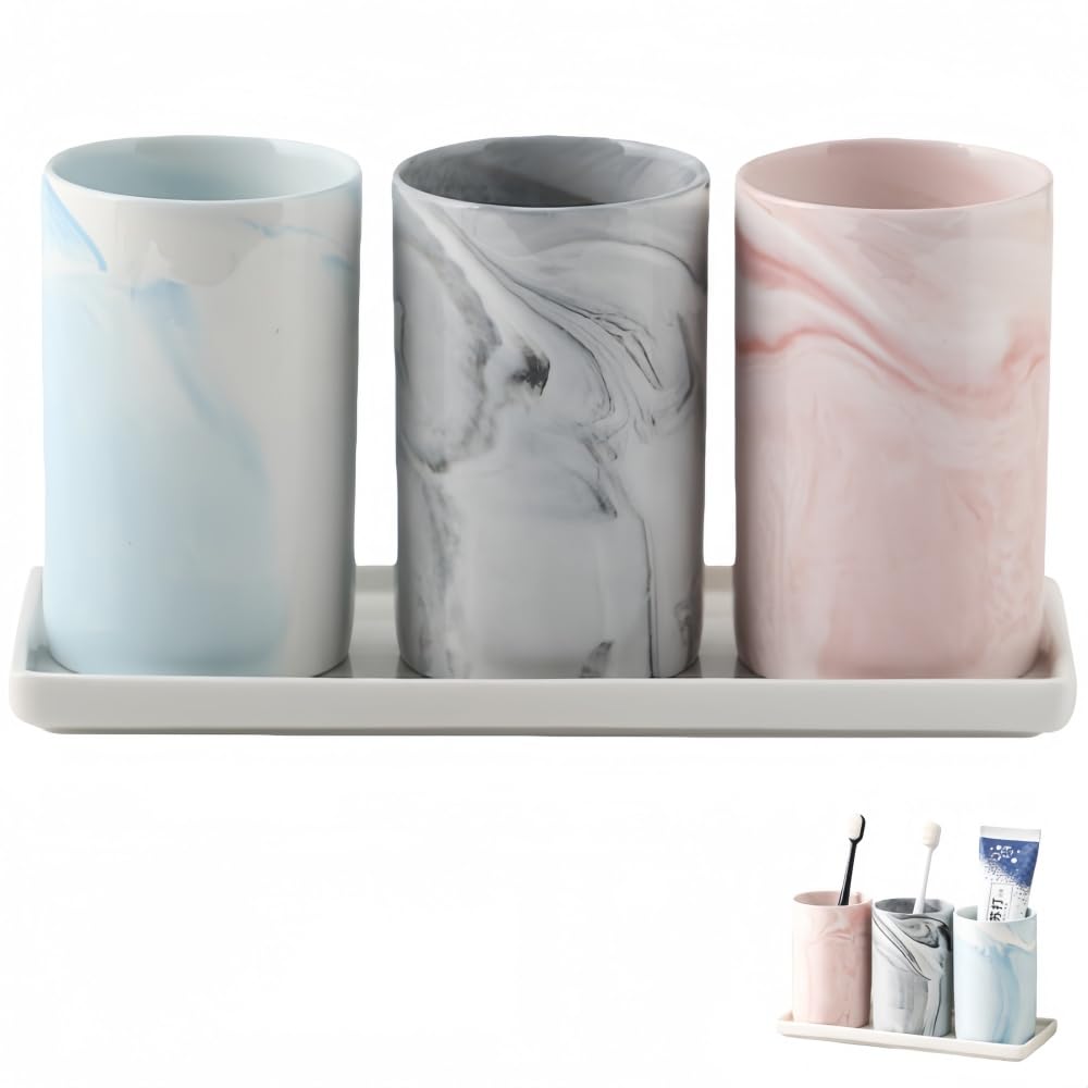 Gobelet à brosse à dents en céramique avec aspect marbre – Gobelets individuels au choix (rose, bleu, gris) ou lot de 3 avec plateau (set rose, bleu, gris avec étagère)