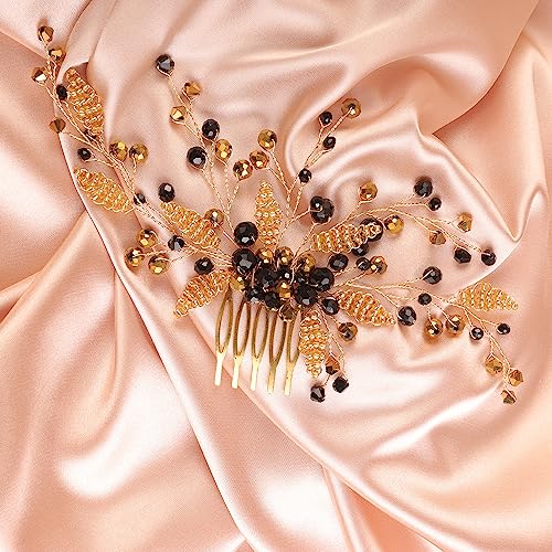 BERYUAN Women Girls Black Crystal Rhinestone Gold Beads Hair Comb Rhinestone Wedding Hair Comb Gold Bride Headband Wedding Hair Accessories for Women Girls - Image 3