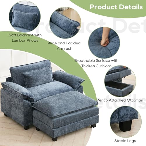 Image of Oprisen 53 inch Modular Sectional Sofa, Comfy Cloud Couch Sectional Sofa with Ottoman, Chenille Sofa Sleeper Deep Seat Sofa with Throw Pillows for Living Room (Blue)