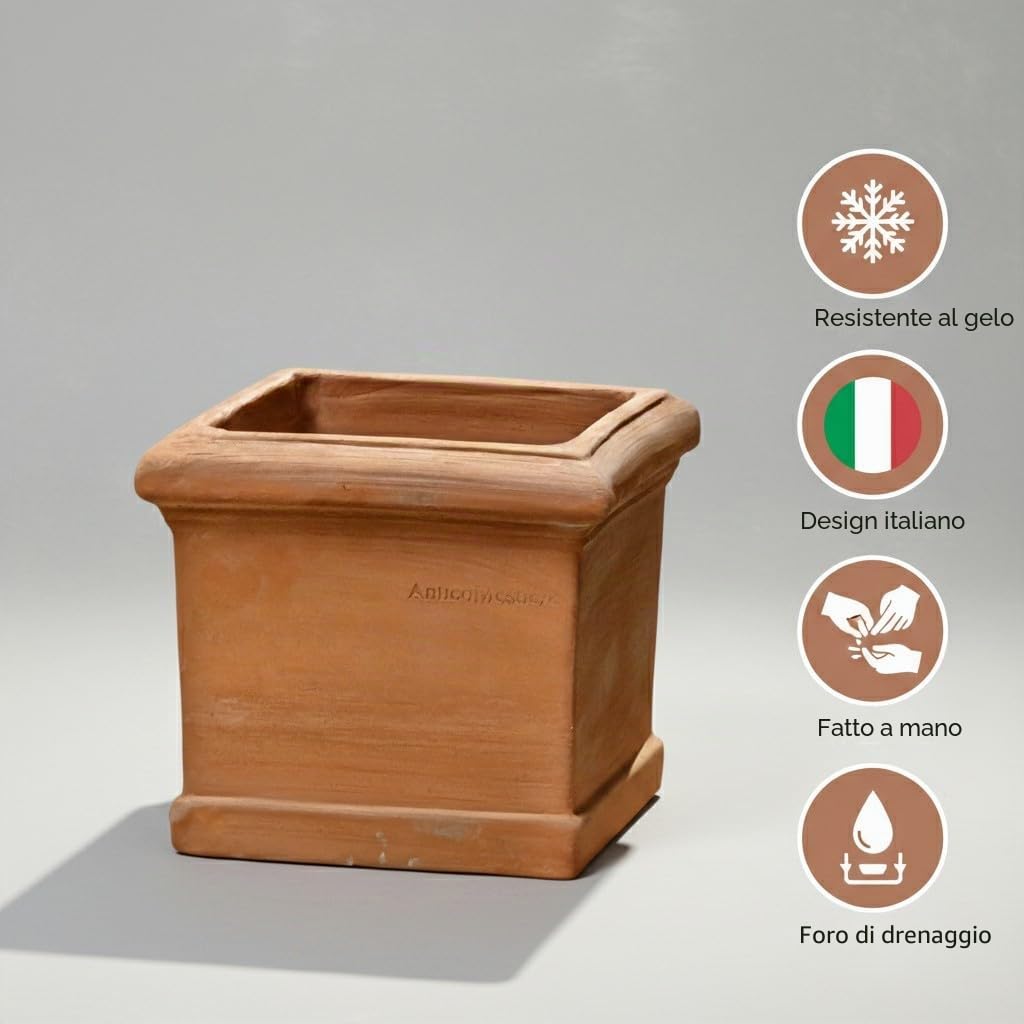 Teramico Vaso da fiori CUBO LISCIO, realizzato a mano, in terracotta, assolutamente resistente al gelo (30 cm)