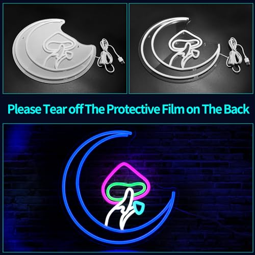 Image of Mushroom Moon Neon Sign, JGHTURIE Cute Led Neon Signs for Wall Decor Blue Light Up Sign for Room, Living Room, Home, Bar Signs, Party, USB Powered