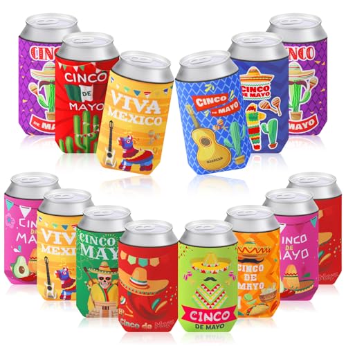 Funnymoom 12 Pcs Mexican Party Can Cooler Sleeves Final Fiesta Bachelorette Party Can Cover 12 oz Insulated Neoprene Thermocoolers for Mexican Supplies Cinco De Mayo Decorations (Classic)