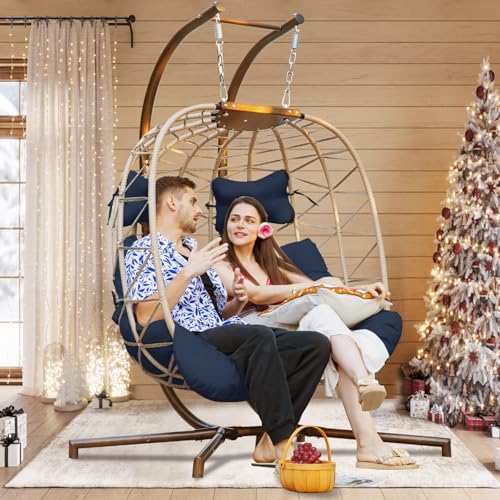 NICESOUL Boho Double Hanging Egg Chair Indoor Outdoor, 2 Person Cushioned Wicker Egg Swing Chair with Stand, 700Lbs Heavy Duty Frame Comfortable Hammock Swing Loveseat for Backyard Porch, Navy Blue