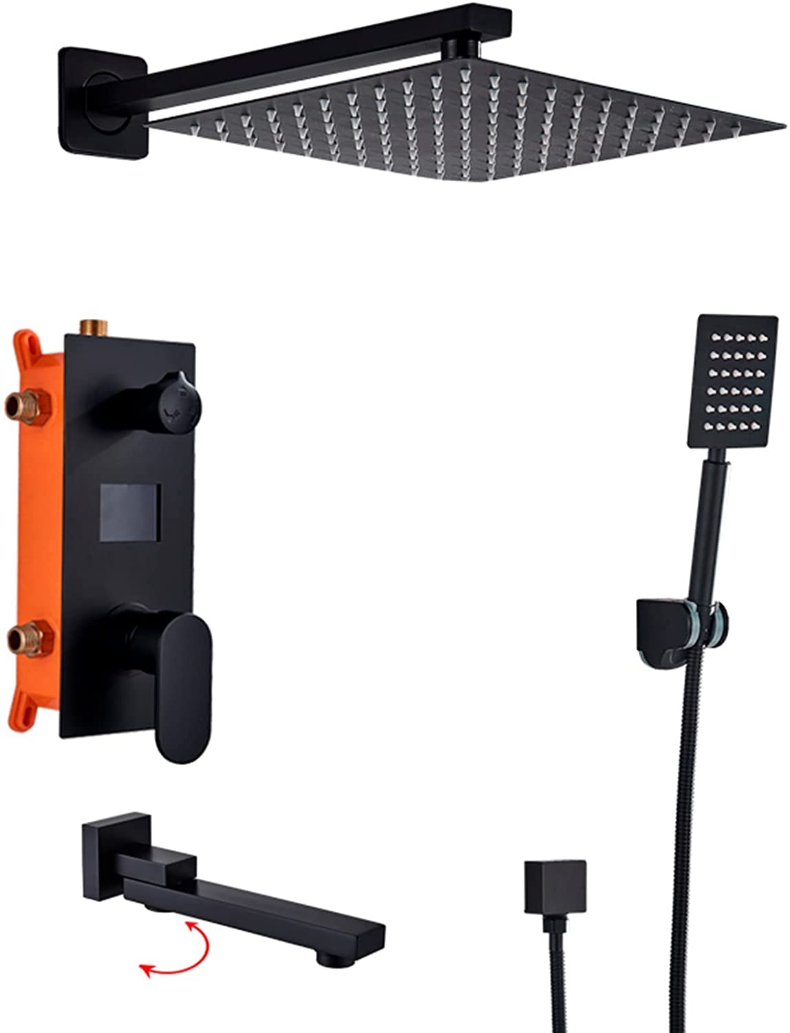 SnamicE Concealed Shower System Digital Display Shower Faucet Set Matt Black Shower Mixer Set with Brass Hand Shower and Waterfall Rainfall Shower Head Advanced Air Techn,12 Inch