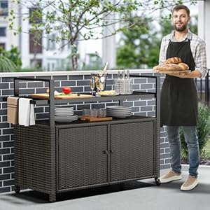 YITAHOME Large Outdoor Kitchen Wicker Island Rolling Cart &Bar Table, Wheels and Black Glass Table Top for Patio, Poolside and Backyard (Dark Brown) YITAHOME Large Outdoor Kitchen Wicker Island Rolling Cart Bar Table Wheels and Black Glass Table Top for Patio Poolside and Backyard Dark Brown