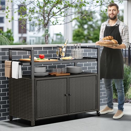 YITAHOME-Large-Outdoor-Kitchen-Wicker-Island-Rolling-Cart-Bar-Table-Wheels-and-Black-Glass-Table-Top-for-Patio-Poolside-and-Backyard-Dark-Brown YITAHOME Large Outdoor Kitchen Wicker Island Rolling Cart Bar Table Wheels and Black Glass Table Top for Patio Poolside and Backyard Dark Brown