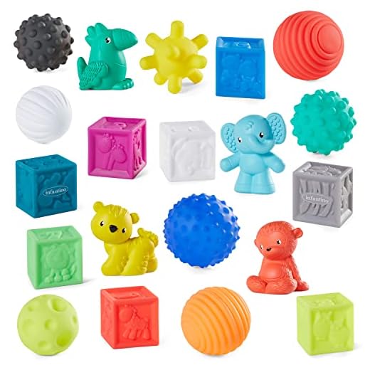 Infantino Sensory Balls Blocks & Buddies - 20 piece basics set for sensory exploration, fine and gross motor skill development and early introduction to colors, counting, sorting and numbers