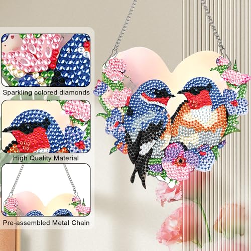 Image of Diamond Art Painting Hanging Kit for Adults, Heart-Shaped Romantic Love Birds DIY Diamond Painting Acrylic Ornament, Diamond Art Pendant Window Suncatcher Wall Door Home Decor