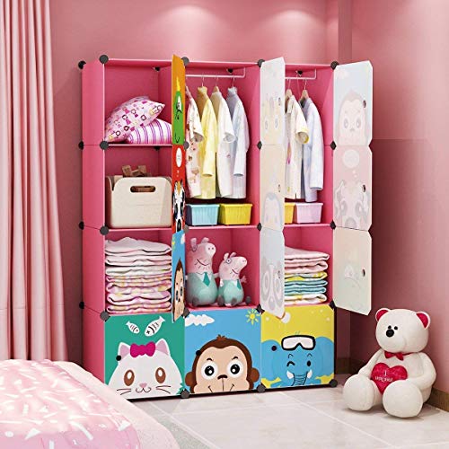 Image of Sunderlook Plastic Wardrobe for Kids Clothes - Collapsible Wardrobe, DIY Foldable Baby Almirah for Clothes, Heavy Duty Freestanding Storage Baby Cupboard for Kids (Pink-HY, 12 Door)