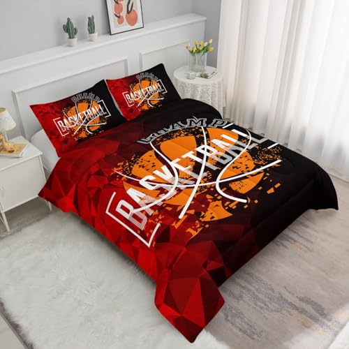 Image of Basketball Comforter Set Black and Red Sports Theme Printed Bedding Set with 1 Comforter and 2 Pillowcases for Boys and Girls Bedroom All Season(Basketball Twin)