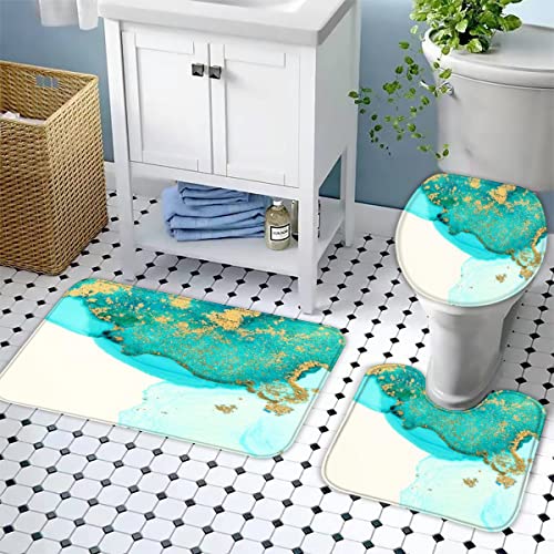 Zifarm Badematte rutschfeste 50x80 cm Türkis Badvorleger-Set 3D Drucken Golden Abstrakt Mikrofaser Flanell Absorbierend… – Bild 4