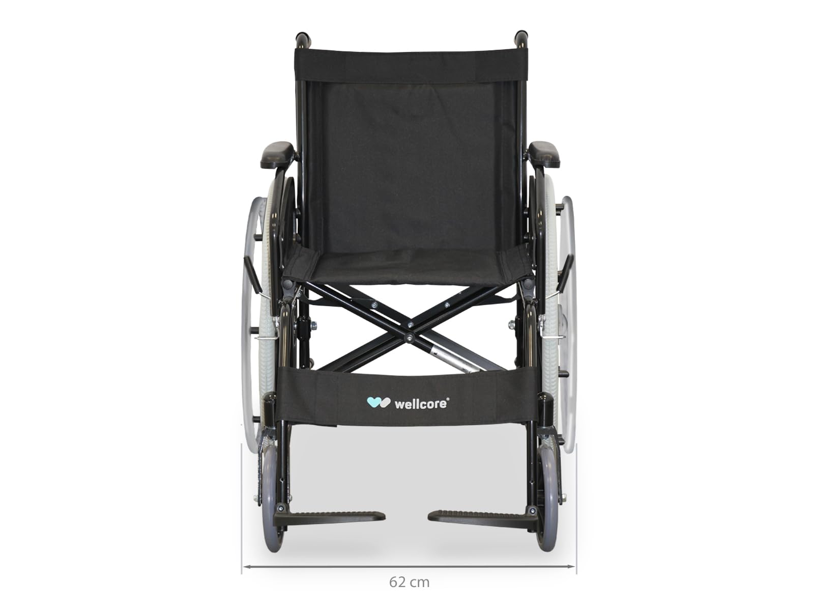 WELLCORE Silla de ruedas plegable para traslado, Estructura de acero, Ligera y Compacta, Ruedas macizas, Frenos de maneta, Respaldo abatible, Ancho asiento 46 cm, Hasta 100 kg
