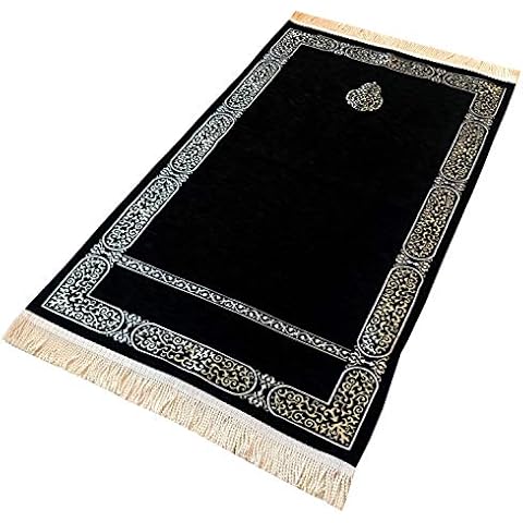 K'ba Pattern Prayer Rug | Large Size Muslim Prayer Mat | Chenille Embroidered Woven Janamaz - Size: 125 x 70 cm | Black Cover