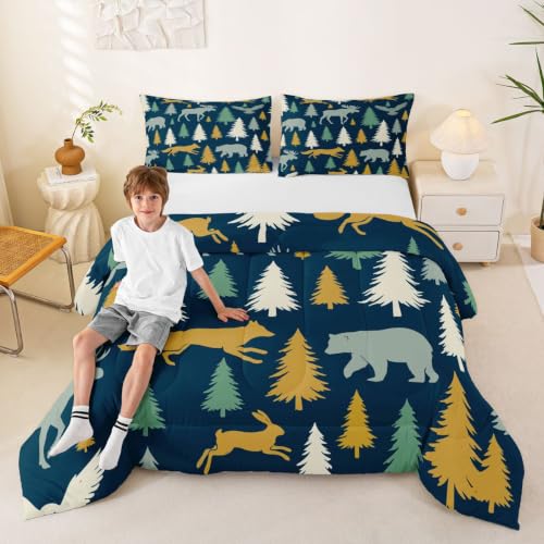Image of Feelyou Moose Fox Comforter Set Queen Size Soft Kids Nature Woodland Wild Animal Bedding Set with Pillow Case Farmhouse Bear Bathroom Lightweight Breathable Comforter