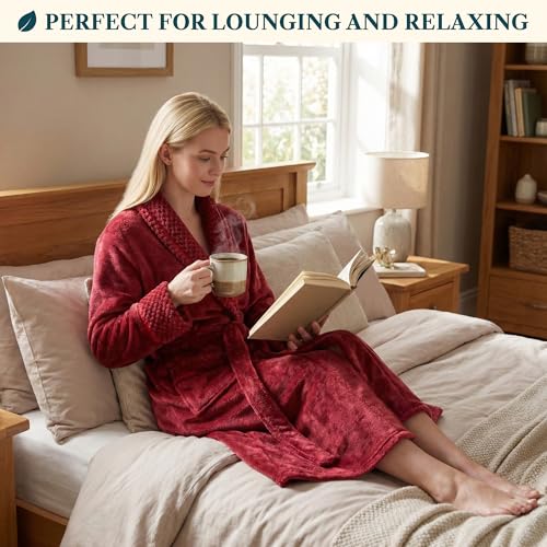 Image of PAVILIA Women's Plush Fleece Robe, Soft Cozy Long Bathrobe with Satin Waffle Trim, Warm Lightweight, Pockets & Tie Belt
