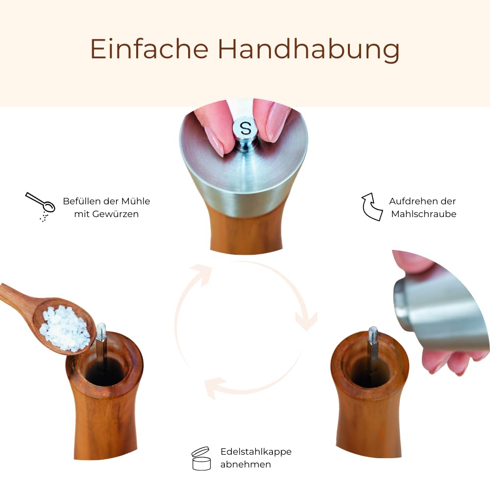 Salt'n Pepper Passion Salz- und Pfeffermühle Set | Edle Akazie & Edelstahl | GRATIS Dosierlöffel | Langlebiges Keramikmahlwerk | Stilvolles Geschenk | Stufenlos einstellbarer Mahlgrad