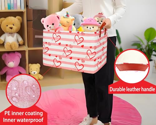 Image of Large Valentine's Day Basket Heart Shaped Storage Bin for Gifts Collapsible Organizer Room Decor (Pink Horizontal Bar Love)