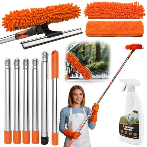Fensterabzieher Profi Set mit 2m Teleskopstange 2-in-1 Fensterputzer & Abzieher inkl. 400ml Glasreiniger Schnelle Streifenfreie Reinigung für Fenster Glasduschen und Spiegel