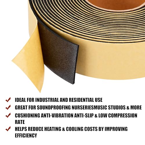 Image of Weather Stripping Door Seal Strip 30 Feet, 2 Inch Wide X 1 /8 Thick Black Foam Seal Tape Strong Adhesive for Doors and Windows Insulation, Soundproofing, Rattle