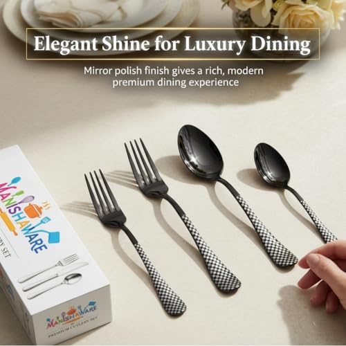 Image of Classic Black 12 Pcs Stainless Steel Cutlery Set for Dining Table, Dishwasher Safe Glossy Flatware