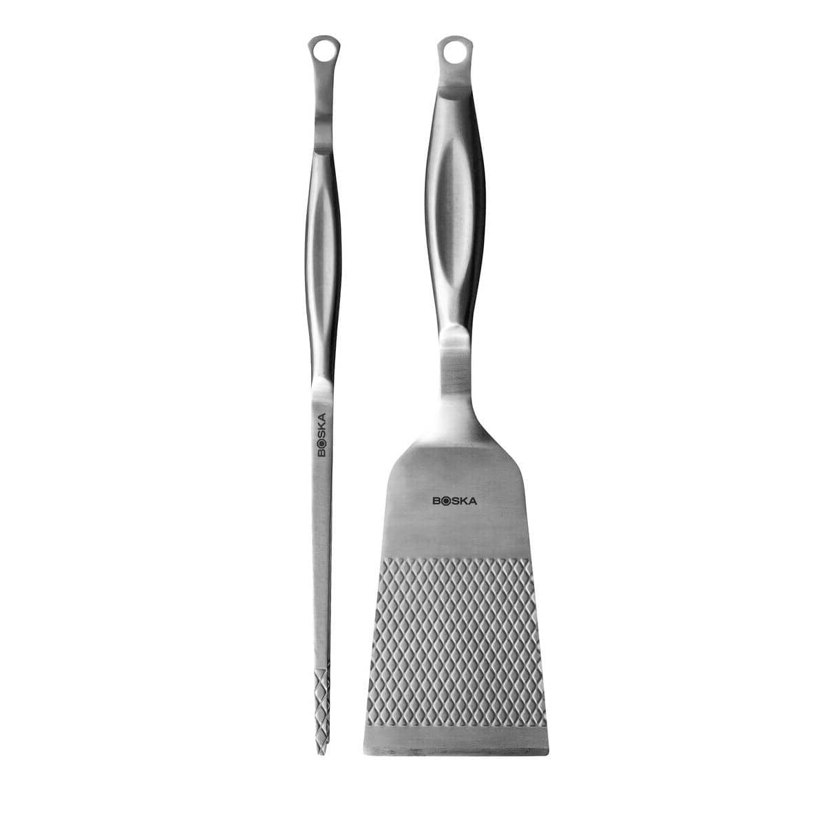 Boska Burger & Veggie BBQ Tools Monaco+ / 2 akcesoria do grilla/100% stal nierdzewna/zestaw prezentowy/do grillowania i kuchni, struktura rombowa, ekstra przyczepność, możliwość mycia w zmywarce, sprawdzony przez ekspertów