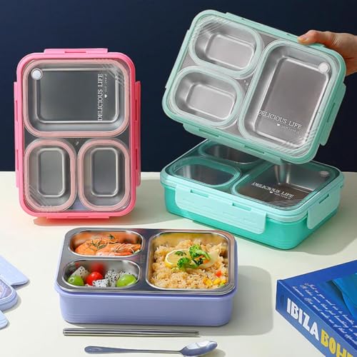 Image of Stainless Steel Lunch Box | 3-Compartment Leakproof & BPA-Free Bento Box | Insulated with Detachable Inner Containers & 4-Sided Lock | Ideal for Office, School, Kids & Adults | Pink