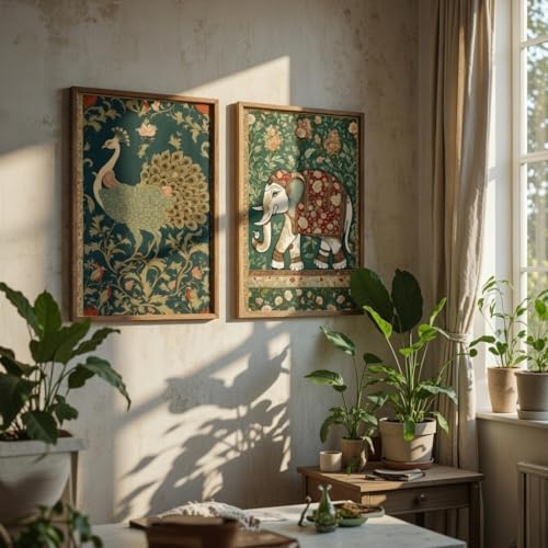 Image of Livin'luxe Set of 2 Peacock and Elephant Wall Art Premium MDF Wooden color Color Framed HD Sparkle Lamination Printed Traditional Indian Painting for Living Room Bedroom Home Decor