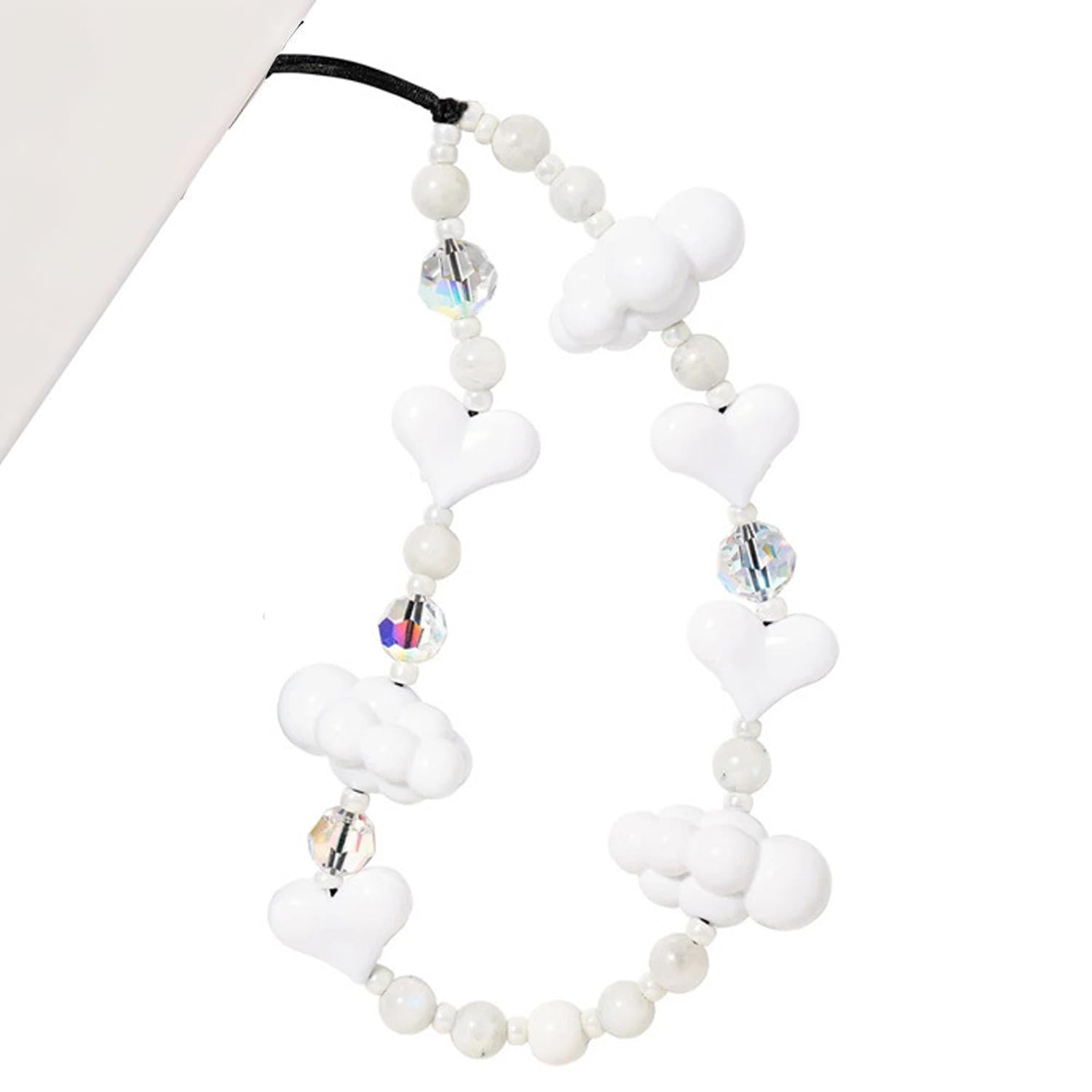 WCCH Beaded Phone Charm Y2K Kawaii Handmade Acrylic Phone Lanyard Wrist Strap for Camera Bag Airpods Keychain Charm Gold and White Pearls — view 9