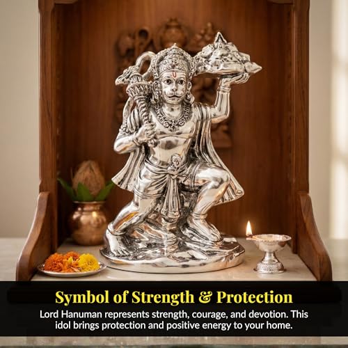 Image of Silver Plated Standing Hanuman Idol - 5.5 Inch Divine Bajrangbali Statue Holding Dronagiri Mountain for Home Mandir and Office - Auspicious Vastu Decor and Spiritual Gift