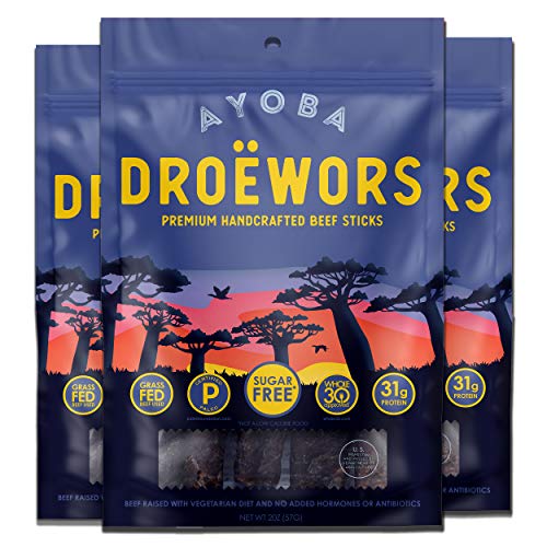 Ayoba Traditional Droewors Grass Fed Beef Paleo Sticks (2 Ounce, Pack of 3) - Keto Friendly, Air-Dried Beef Protein Snacks - Low Carb, Gluten Free, Nitrate Free, No Sugar, Meat Snacks