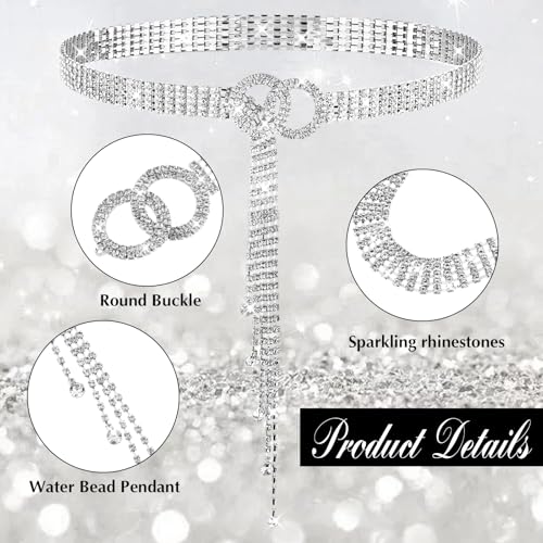 JIEYAO Rhinestone Waist Belt for Women, Adjustable Silver Waist Chain Belt Crystal Bling Belt Diamond O-Ring Waistband3