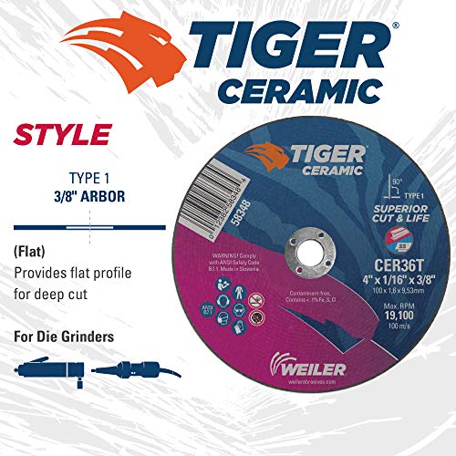 Image of Weiler 58348 4-Inch Cutting Wheel, Tiger Ceramic Contaminant-Free, Max Performance Cutting, 1 /16 inch CER36T Type 1 3 /8 inch Arbor (Pack of 25)