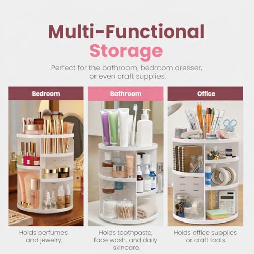 Image of Masirs 360 Rotating Makeup Organizer for Vanity, Adjustable Shelf Height, Large Capacity Cosmetic and Skincare Storage, Lazy Susan Perfume Organizer for Dresser, Bathroom Countertop, White