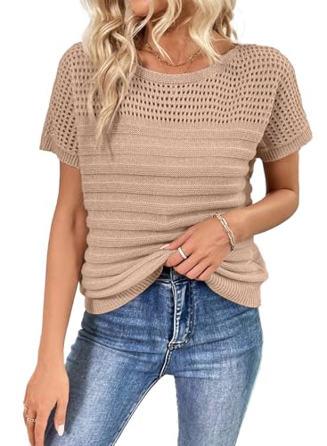 Image of SHEWIN Womens Sweaters Crew Neck Short Sleeve Shirts Summer Tops Knit Hollow Out T Shirts Sweater Blouses