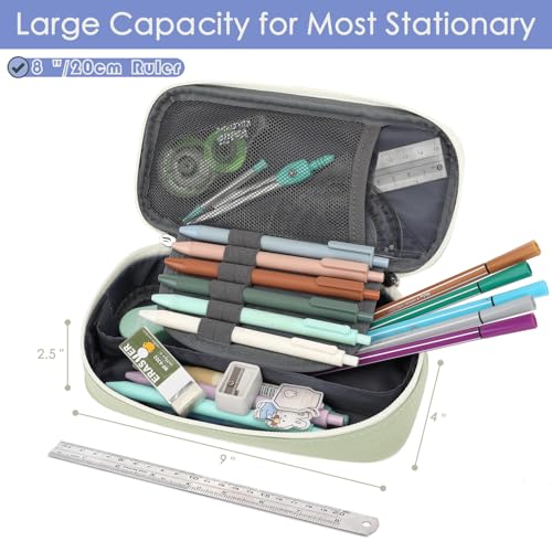 Image of FlowFly Large Capacity Pencil Case for Kids, Boys & Girls - Zippered Multi-Functional Pen Pouch, Soft & Portable Pencil Bag for School, Teens, Students, Light Matcha