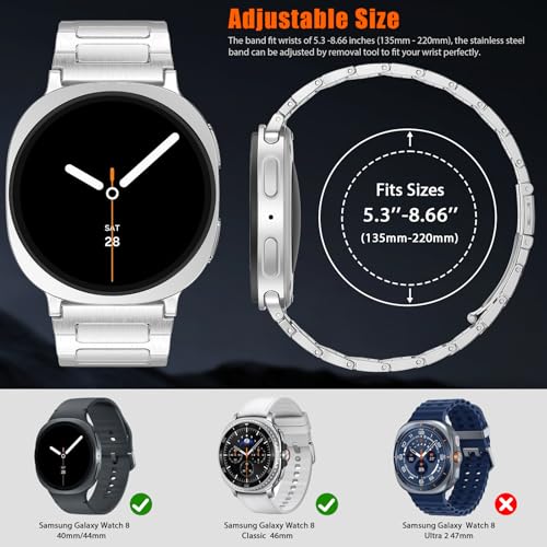 Stainless Steel Band For Galaxy Watch 8 Classic 46mm/Galaxy Watch 9/8 40mm 44mm Bands,Solid Metal Business Replacement Strap For Samsung Galaxy Watch 9/8 Band Men Women,Silver by PanPinnacle - Used condition - Image 4