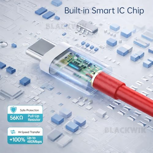 Image of Blackwik 100W Ultra Fast Charging USB-A to Type C Cable Compatible with OnePlus 13, 13R, 13S, 12R, 11R, 10R, 10T, 10, 10 Pro, 9, 9 Pro, 8, 8 Pro, 7 Pro, 7T Pro, CE 3 Lite (WARP /Dash Support, 1M Cable)