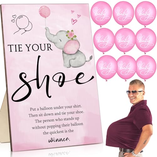 Image of Roowest 51 Pcs Tie Your Shoe Baby Shower Game Sign Wooden Sign Greenery Gift Sets Gender Reveal Party Favors 50 Balloons Latex Balloons for Game Wedding Supplies(Pink,Elephant)