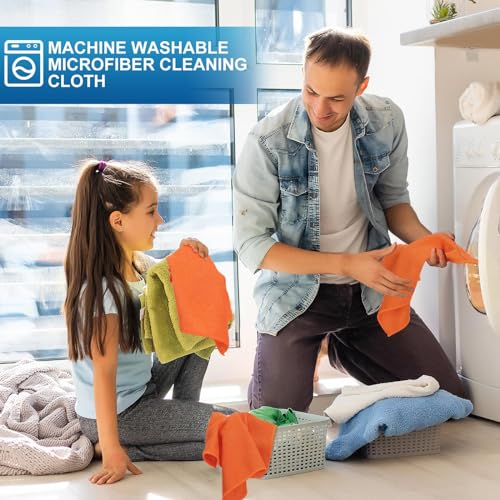Image of Tenare 100 Pack 12'' x 12'' Microfiber Cleaning Cloths Reusable Cleaning Rags Bulk Microfiber Towels Softer Highly Absorbent Washcloths for House Kitchen Car Window(Orange)