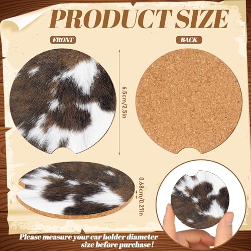 Sieral 6 Pcs Western Cow Hide Car Coasters for Cup Holders, 2.56 Inch Absorbent Universal Cork Coasters with Finger Notch, Western Brown Cow Print Car Accessories for Women Men by Sieral - Image 2