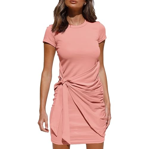 LILLUSORY Women's Casual Short Sleeve Wrap Bodycon Ruched Tie Waist Summer Dress
