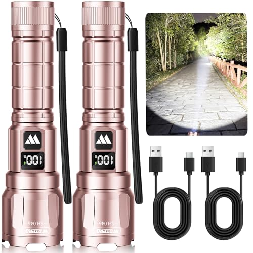 WdtPro LED Rechargeable Flashlight 2 Pack 3 Modes Super Bright High Lumens Flashlights Zoomable Tactical Flash Light with LCD Display IP65 Waterproof Flashlights for Home Emergency Camping - Pink