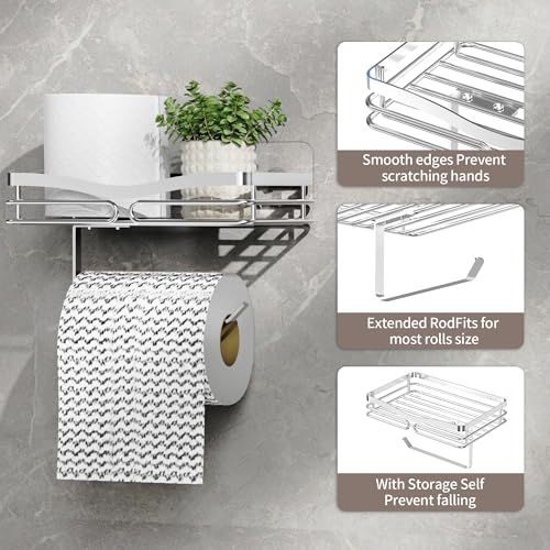YIGII Toilet Paper Holder with Shelf, Adhesive or Drilling Toilet Paper Roll Holder for Bathroom, Rustproof Tissue Roll Holder Wall Mounted for Wipe Storage (Silver) - image 2