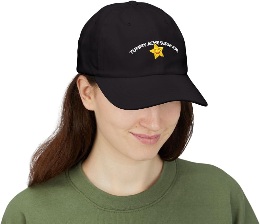 Tummy Ache Survivor Black 6-Panel Dad Hat with Embroidered Graphic - Funny Hats with Sayings, Alternative Fashion, Millennial Style, IBS, Irritable Bowel Syndrome, Crohn's Disease, Gluten Intolerant