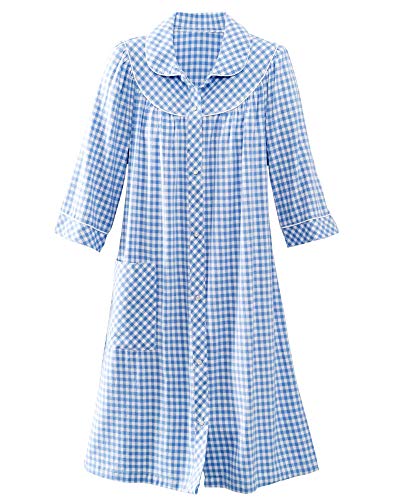 National Women's Short Yarn Dyed Flannel Check Duster House Coat - Soft Yarn-Dyed Flannel For Warmth And Comfort, Blue, Large #TOP15