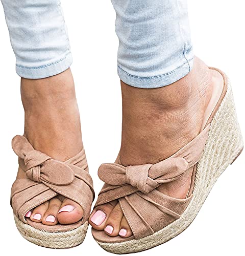 Image of Womens Espadrilles Wedge Sandals Slides Platform Slip on Bow Knot Open Toe Summer Mules Shoes