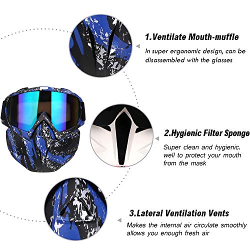 PiscatorZone Motorcycle Goggles Mask, Tactical Glasses with Detachable Mask Adjustable Windproof Outdoor Paintball Airsoft Mask Face Shield for Kids Men Women