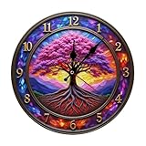 Wall Clock， Bohemian Tree of Life Stained Glass Non Ticking Wall Clocks Battery Operated， Brown Wooden Wall Clocks for Kitchen， Living Room， Bedroom， Office， Bathroom Decorative 25 * 25cm